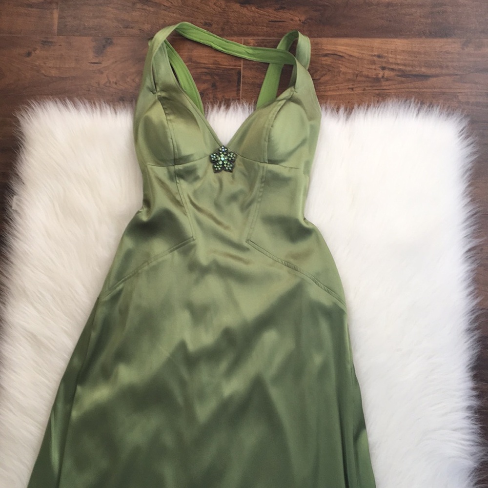 Olive Green Satin Prom Dress with Beaded Accent